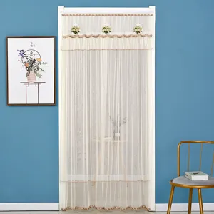 Cortina de puerta de doble capa con bordado de encaje, mosquitera transparente para dormitorio.