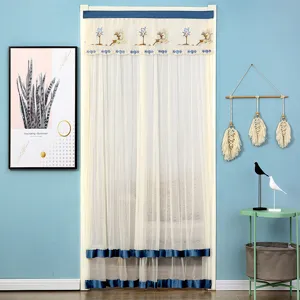 Double layer lace mosquito door curtain with cute deer embroidery and blue edge design.