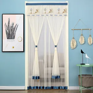 Double layer mesh door curtain with deer embroidery, lace fabric, anti-mosquito home decor.