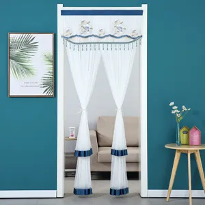 Punch-free door curtain double-layer gauze lace embroidery partition elegant home decor white blue