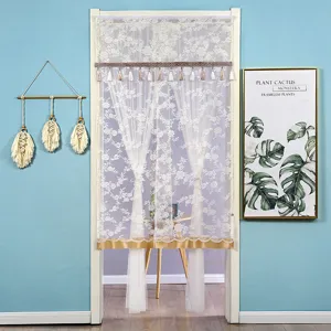 Double layer lace mesh door curtain detail view, elegant tassel and gold trim design for home.