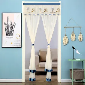 Double layer lace door curtain detail, embroidered deer pattern, sheer fabric mesh home decor.