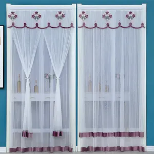 White sheer door curtain with purple floral embroidery and stylish room decoration
