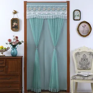 Elegant green door curtain with lace valance, semi-sheer privacy hanging curtain for home decor.
