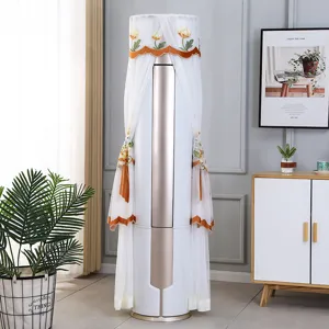 Vertical cylindrical air conditioner dust cover, white lace mesh fabric with floral embroidery.