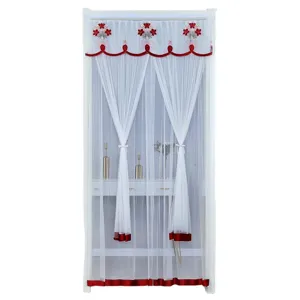 White sheer door curtain with red floral embroidery, anti-mosquito mesh for summer home use.