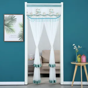 Double layer sheer door curtain with elegant lace embroidery and tassels, easy install.