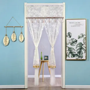 White lace sheer door curtain with elegant tassels, perfect for home room decor and privacy.