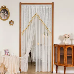 White lace door curtain with gold trim, mosquito-proof mesh partition for bedroom home decor.