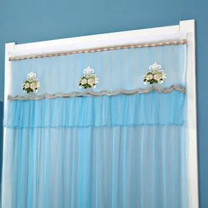Cortina de puerta transparente de doble capa azul con bordados y encaje para dormitorio.