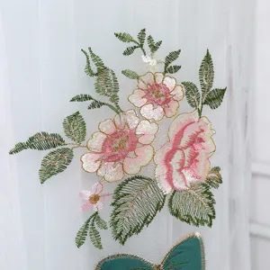 Exquisite pink rose floral embroidery detail on white sheer fabric air conditioner dust cover