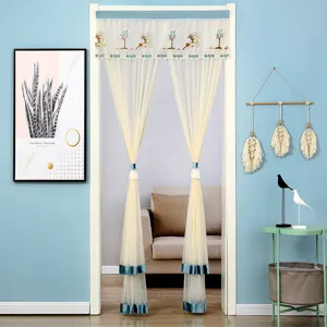 Double layer sheer door curtain with lace embroidery deer design, elegant home decor fabric.