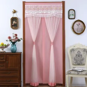 Pink door curtain with elegant lace trim and tiebacks, perfect for room divider and home decor.