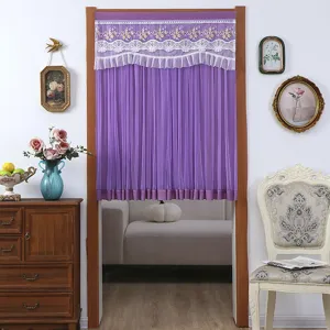 Μωβ κουρτίνα πόρτας κοντή διαφανής κουρτίνα με κέντημα δαντέλας, διαχωριστικό δωματίου.