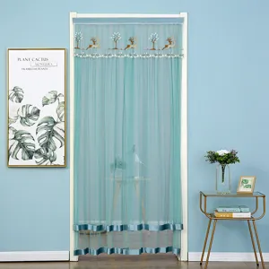 Blue mesh mosquito door curtain with elegant deer embroidery, easy install detail 90cm