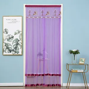 Purple double layer anti-mosquito mesh door curtain with cute deer embroidery lace detail.