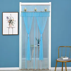 Cortina de puerta transparente de doble capa azul con bordado de encaje y mosquitera.