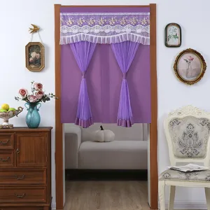 Μωβ κουρτίνα πόρτας με λευκό δαντελωτό βολάν κοντή κουρτίνα για διακόσμηση εσωτερικών