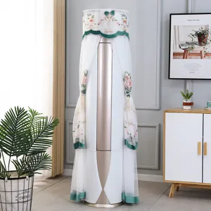 Vertical cylindrical air conditioner dust cover with white mesh lace floral embroidery.