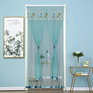 Double layer mesh door curtain with embroidery deer design, lace mosquito net for home bedroom.
