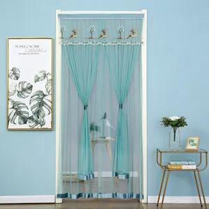 Green mesh lace embroidered door curtain for bedroom, exquisite deer pattern, breathable privacy screen.
