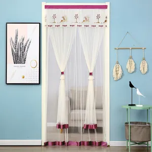 White lace magnetic anti-mosquito door curtain with elegant embroidery design for home use