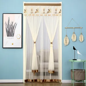 Beige lace mesh embroidered door curtain with cute deer pattern for bedroom privacy use.