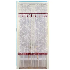 White lace door curtain with tassels, double layer sheer window curtain for home decoration.