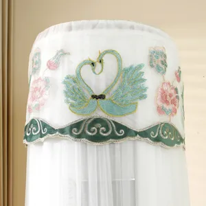 Vertical air conditioner dust cover, elegant swan embroidery mesh protective sleeve detail.