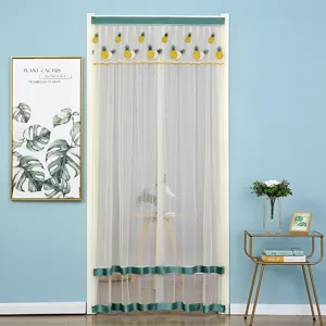 Pineapple embroidered mesh door curtain scene detail, double layer sheer curtain with lace.