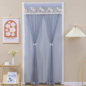 Floral embroidered mesh door curtain grey lace partition curtain for bedroom home decor