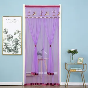 Purple mesh lace mosquito door curtain with elegant embroidered deer trees design bedroom decor.