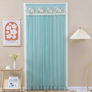 Punch-free door curtain, blue mesh gauze with floral embroidery and lace trim for bedroom.