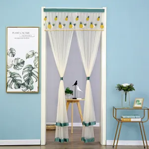 Double-layer tulle door curtain with cute pineapple embroidery, punch-free mesh curtain design.
