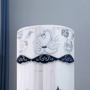 Close-up detail of vertical floor standing air conditioner dust cover with blue swan embroidery.