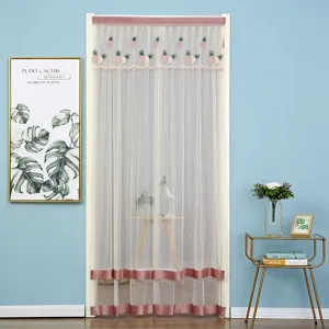 Double layer mesh door curtain with cute pineapple embroidery and lace trim design for home.