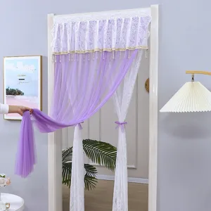 French lace door curtain purple white sheer window drape with beads partition for room decor