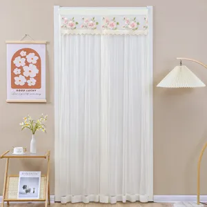 White lace door curtain with floral embroidery, elegant sheer divider curtain for bedroom home.
