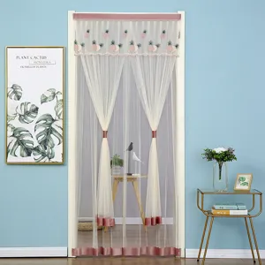Double layer mesh door curtain with pineapple embroidery and pink velvet trim for home decoration