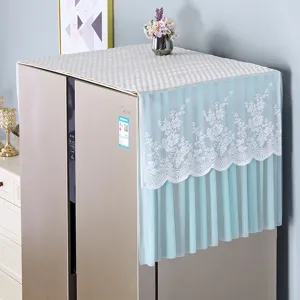 Detail view of a stylish lace refrigerator dust cover with pleated design and floral lace.