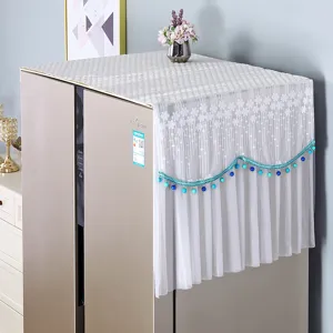 White lace refrigerator dust cover for double door fridge, elegant home decor dustproof cloth.