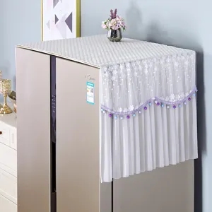 White lace refrigerator dust cover with beaded fringe top cover towel for double door fridge.