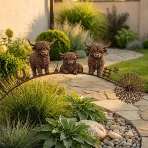 Detailed view of Highland cow metal garden stakes in a sunny rustic backyard setting