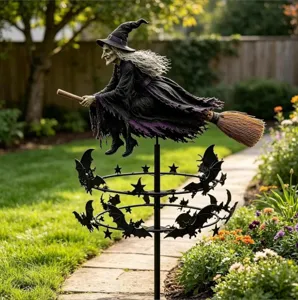 Moulin à Vent Sorcière de Jardin Halloween Piquet Métallique Rotatif Chauve-Souris Étoiles Décoration d'Extérieur Art de Cour Halloween