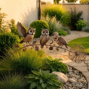 Rustic bronze metal owl garden stake ornament for outdoor lawn and patio decoration