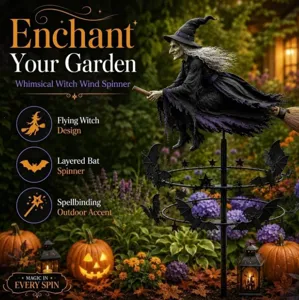 Détail d'un carillon de jardin sorcière avec chauves-souris rotatives et citrouilles décoratives