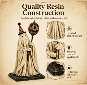 Gros plans détaillés d'une figurine de fantôme vintage en résine avec bâton citrouille