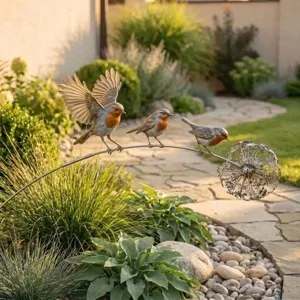 Metal robin bird garden stake ornaments on a dandelion floral stem for outdoor garden decor
