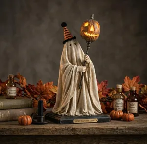 Détail d'une figurine de fantôme vintage tenant un bâton de citrouille lumineux décoratif.