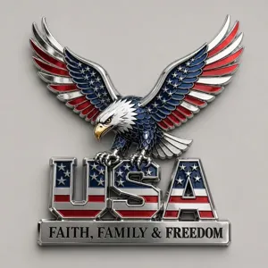 Metallic USA eagle garden ornament featuring Faith, Family and Freedom slogans.